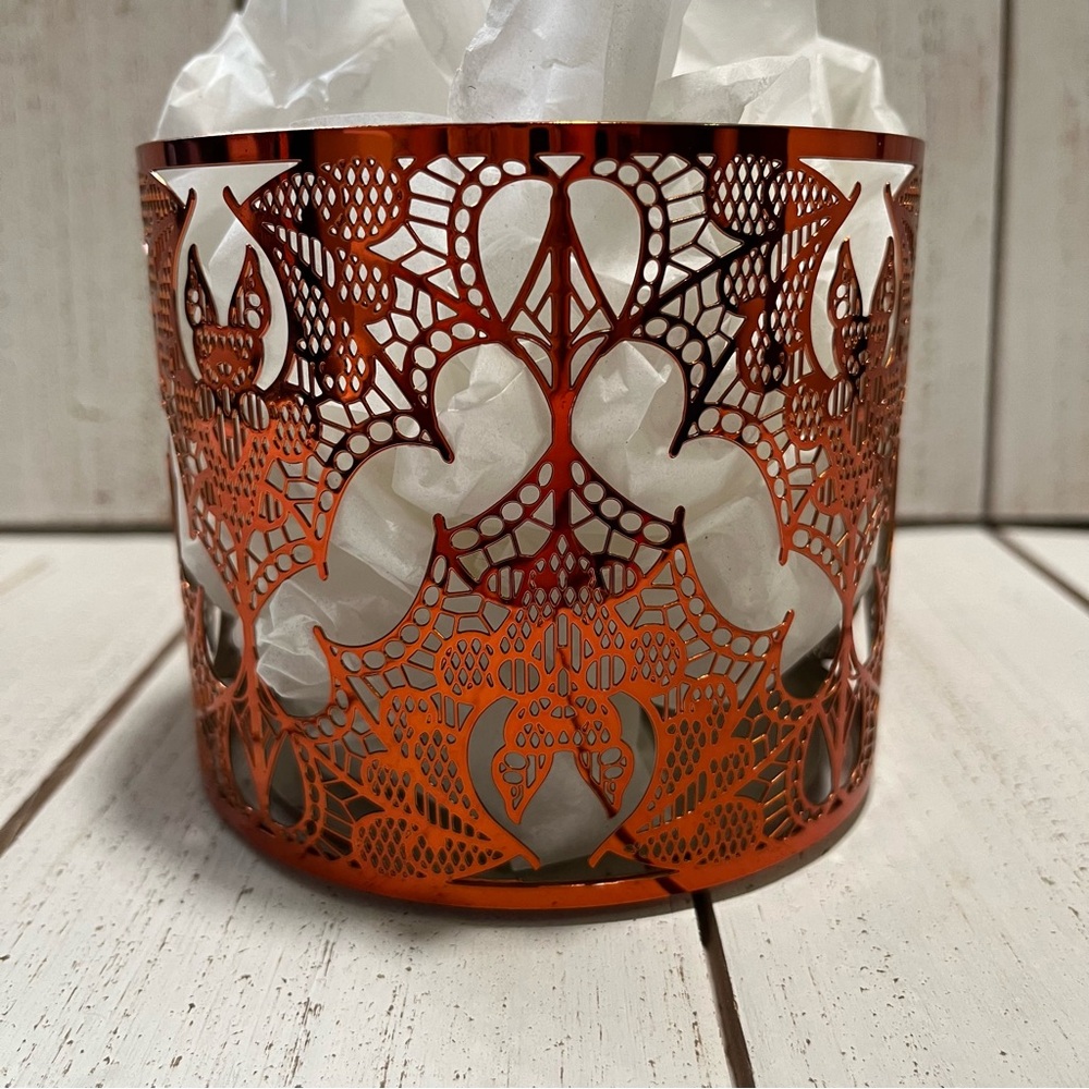 Bath & Body Works Candle Sleeve 3-Wick 14.5 oz Halloween Lace Orange Bats Decor